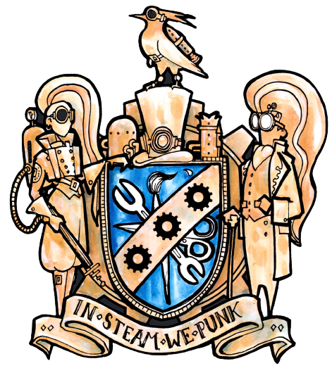 Steampunk crest with shield, gears and tools, flanked by two figures in goggles, and a bird on top, banner reads 'In Steam We Punk'.