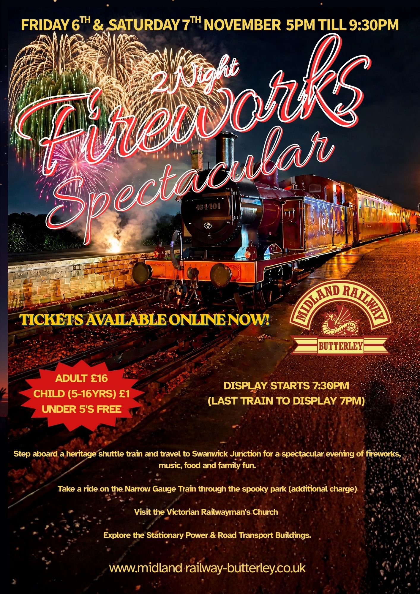 Fireworks - Midland Railway - Butterley Poster advertising a 2-night Fireworks Spectacular on a vintage steam train with fireworks in the sky at night, text includes dates and tickets info.