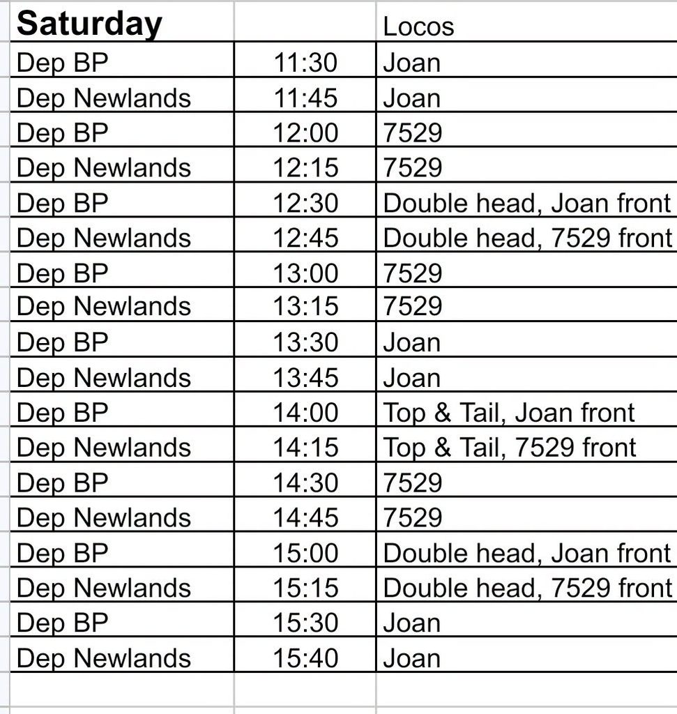 Saturday timetable with columns for Dep (BP/Newlands), time, and destination (e.g., 11:30 to Joan, 11:45 to Joan).