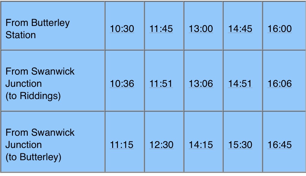 Train timetable: departures from Butterley Station and Swanwick Junction to Riddings/Butterley by time columns