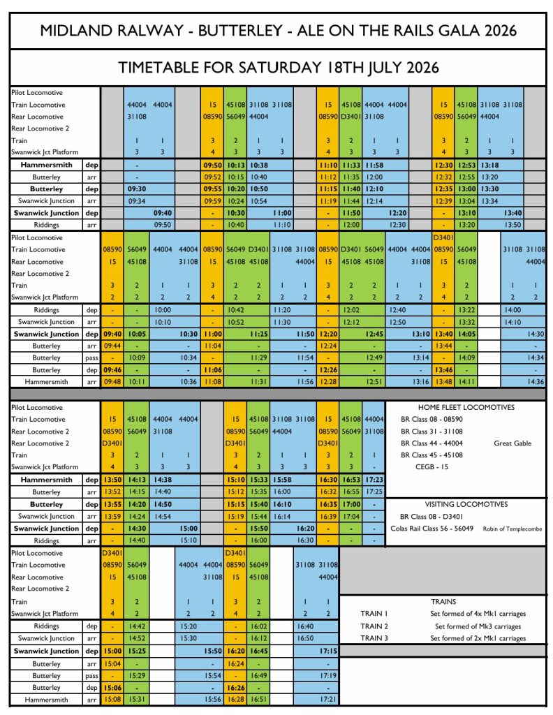 Timetable poster for Midland Railway Butterley Gala 2026; grid of stations with arrival/departure times in color-coded blocks.