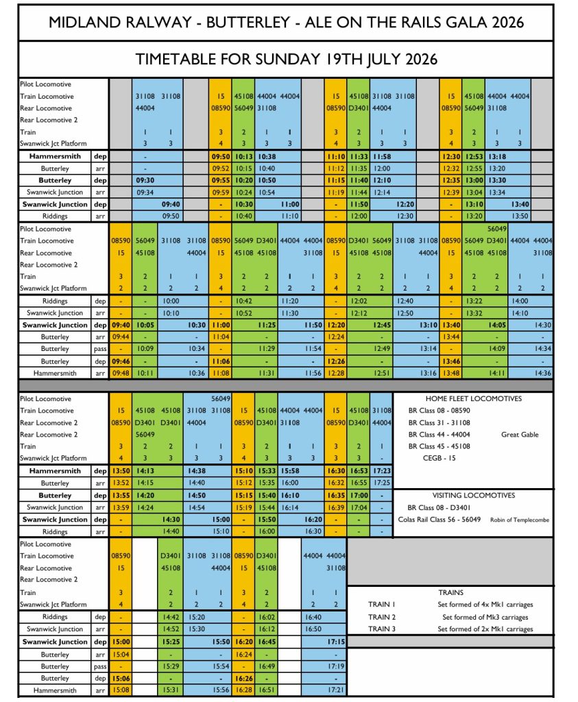 Dense railway timetable for Sunday 19 July 2026 showing multiple lines and stop times for various locomotives.
