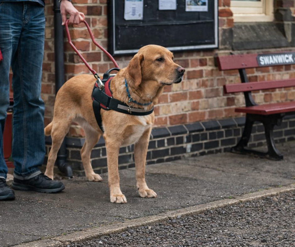 guide dog stands with owner on platform at station