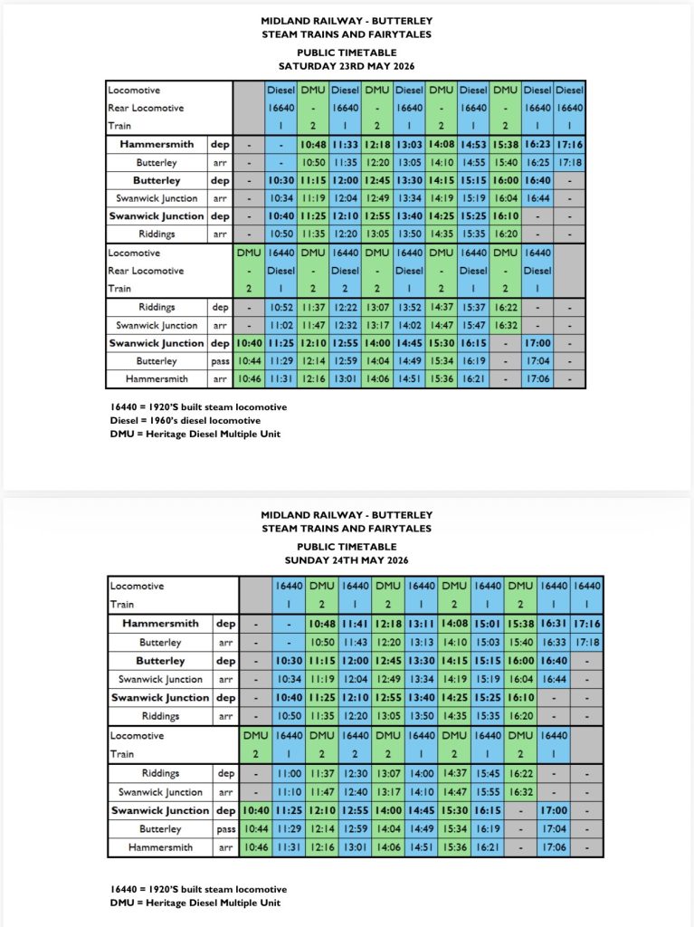 Screenshot - Midland Railway - Butterley Public timetable for Midland Railway Butterley steam trains and fairytales (May 23, 2026) showing locomotive/train timings and DMU/Diesel details in a color-coded table.