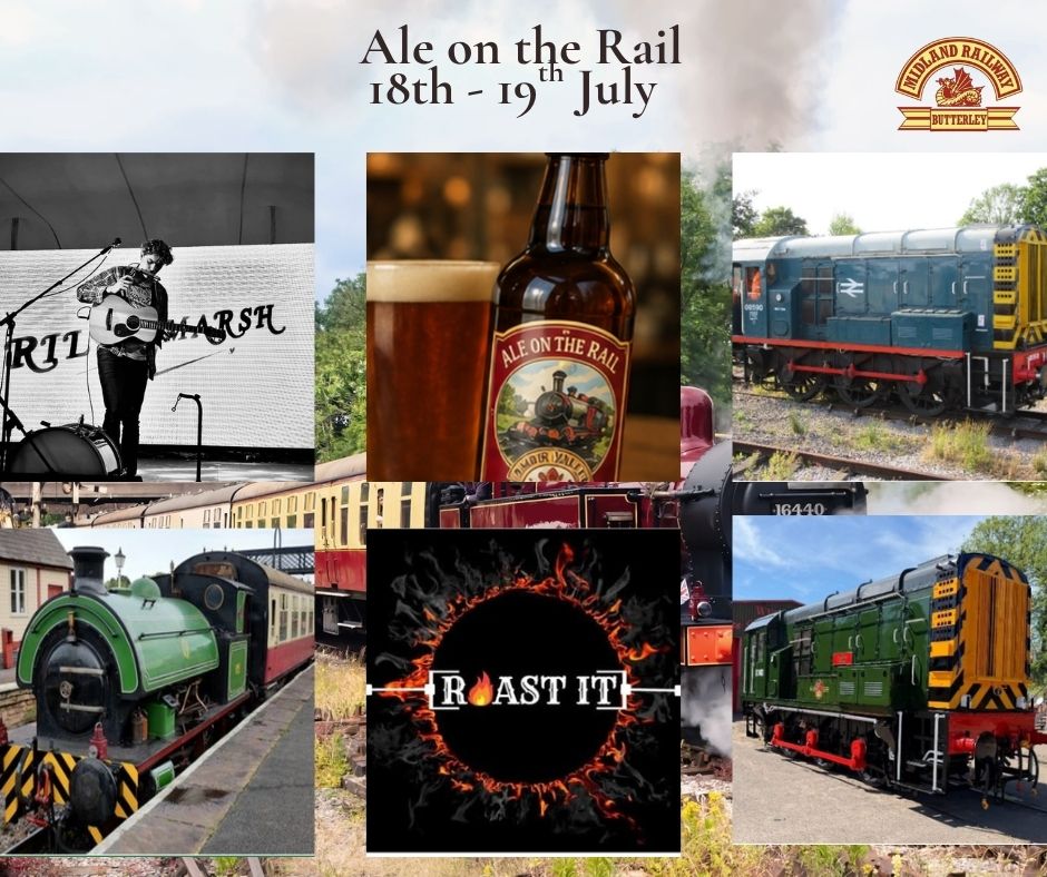 FB_Event Posts 2 - Midland Railway - Butterley Collage advertising Ale on the Rail event (18th–19th July) with beer, band, and vintage trains on a rail backdrop.