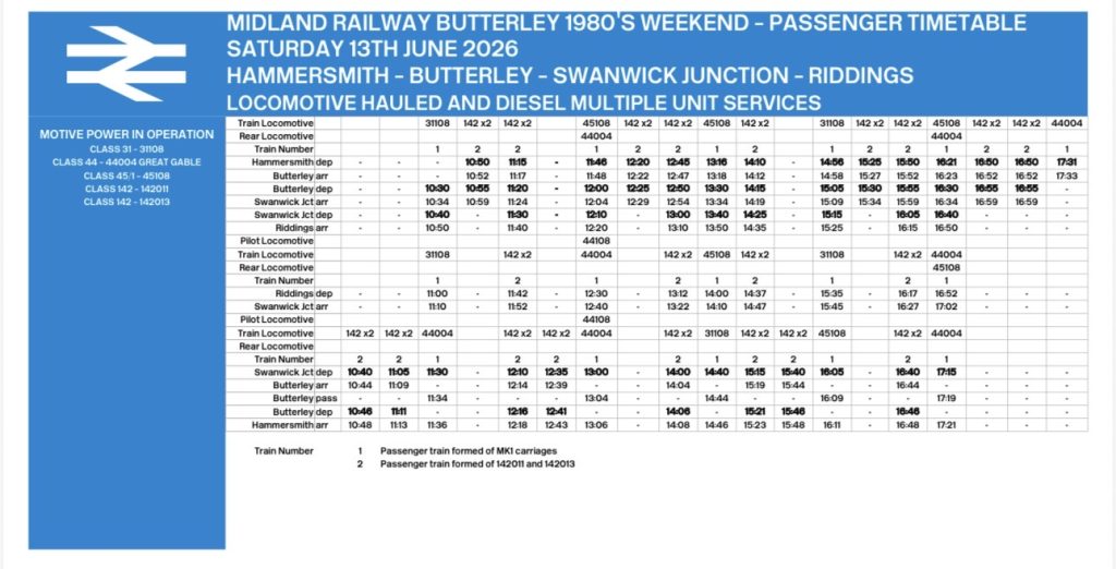 Screenshot - Midland Railway - Butterley Blue timetable poster: Midland Railway Butterley 1980s weekend passenger timetable with train times and routes.