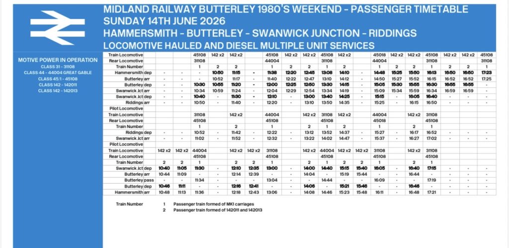 Screenshot - Midland Railway - Butterley Timetable banner for Midland Railway Butterley 1980s weekend passenger services (Hammersmith to Butterley, Swanwick Junction, Riddings) on Sunday 14 June 2026 with a detailed timetable grid on a blue left panel.