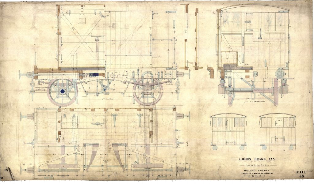 MR Goods Brake Van 1875 - Midland Railway - Butterley Technical blueprint of a Midland Railway goods brake van, showing side and end views with wheels, undercarriage, and braking gear with measurements and annotations.