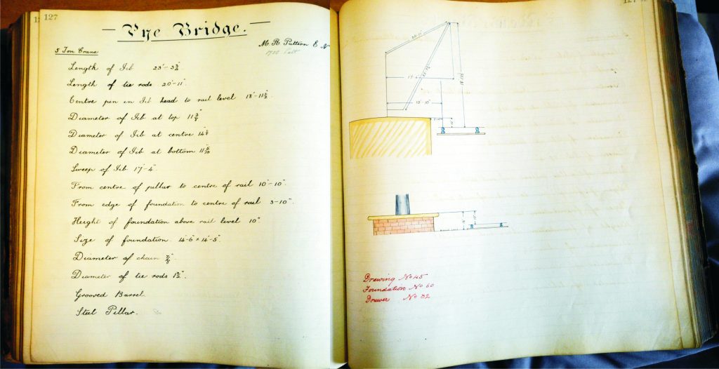 Yard Crane - Midland Railway - Butterley Open notebook showing the heading'The Bridge' with a bridge diagram and measurements on the right page.
