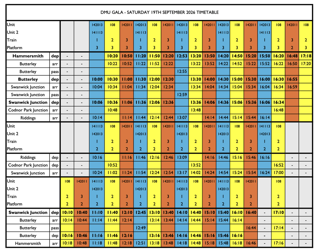 Screenshot 2026-09-15 at 212045 - Midland Railway - Butterley Two-section DMU Gala timetable (Sept 19, 2026): a color‑coded schedule grid listing units, trains and platforms with times across columns; left labels show Unit/Unit 2/Train/Platform and rows include Hammerschmidt, Butterley, Swanwick Junction, Codnor Park Junction, Riddings, etc., with blue, yellow, orange and gray blocks representing service slots.