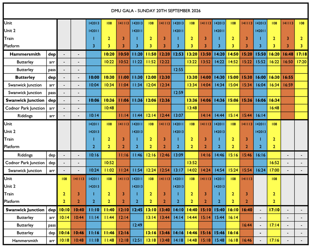 Screenshot 2026-09-15 at 212056 - Midland Railway - Butterley DMU Gala timetable for Sunday 20 September 2026 showing stations, routes and times in a color-coded grid.